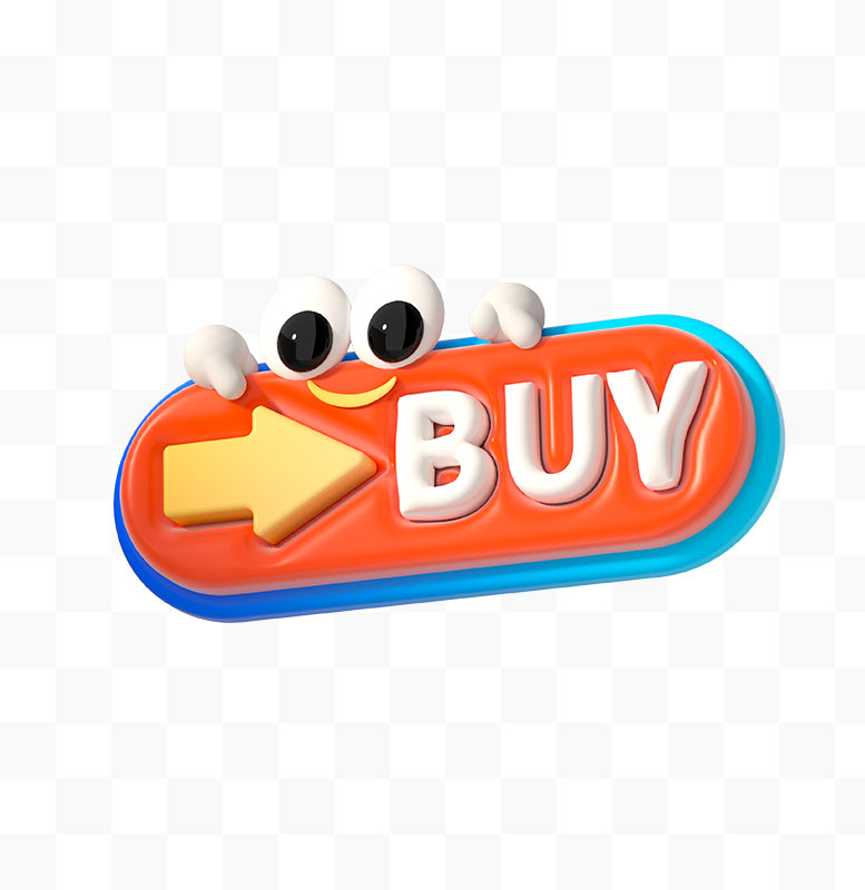 卡通风格“BUY”按钮插画 – 橙色拟人化按钮+箭头引导设计